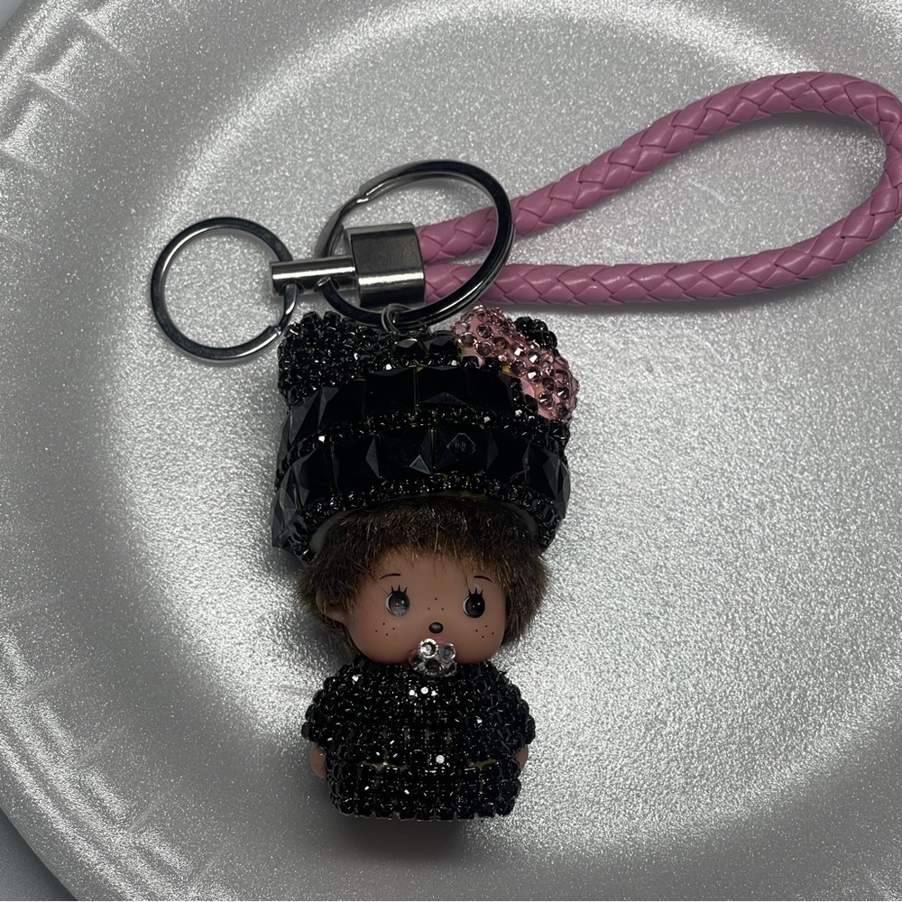 Black Bejeweled rhinestone Monchichi purse backpack bag charm Keychain. - Picture 5 of 5